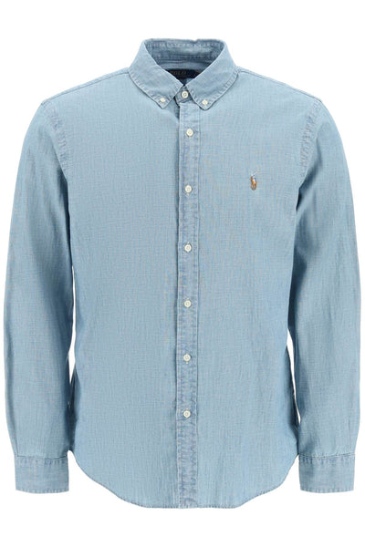 POLO RALPH LAUREN slim fit shirt in stone-washed cha | Italystation.com - Shop Now at italystation.com