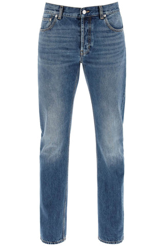 straight leg jeans with faux pocket on the back. 794082 QYAA5 BLUE WASHED