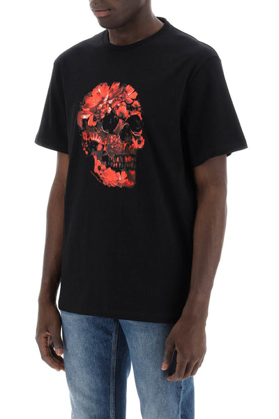 wax flower skull printed t-shirt 794575 QTABM BLACK / RED