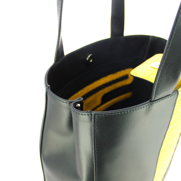 Iuntoo - Medium Vertical Gioia Shopper in Leather with Cocco Strip - 168024 - NERO/GIALLO