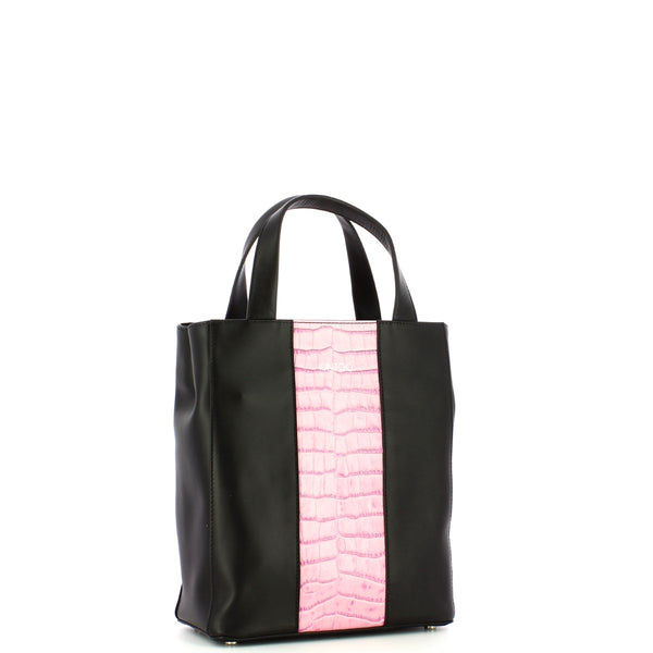 Iuntoo - 中型垂直 Gioia 皮革購物包，帶 Cocco 條紋 - 168024 - NERO/LILLA