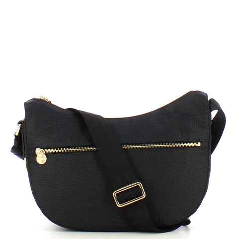 Borbonese - luna small dark black bag with pocket made of re | Italystation.com - Shop Now at italystation.com