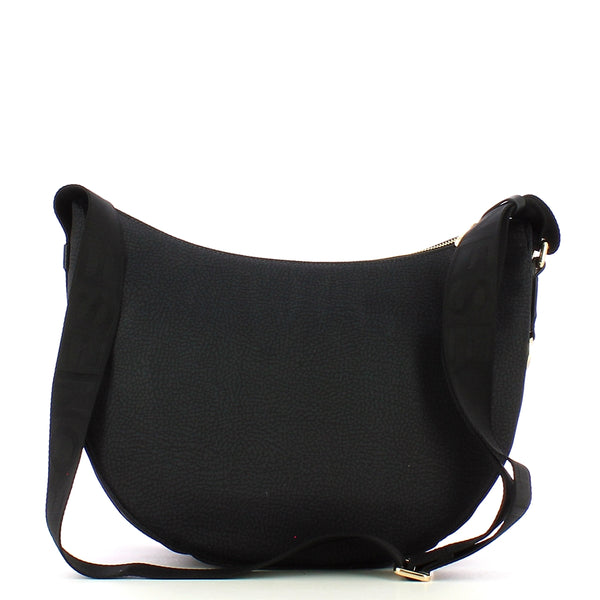 Borbonese - luna middle dark black bag with pocket made of r | Italystation.com - Shop Now at italystation.com