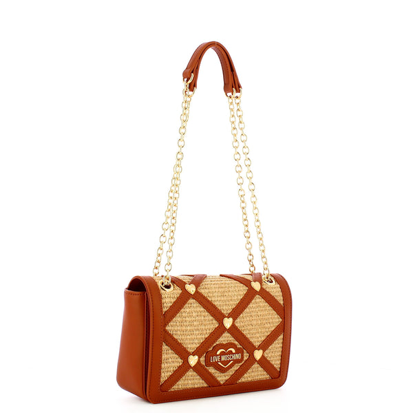 Love Moschino - Borsa a spalla in raffia Naturale Cuoio Oro - JC4313PP0I - NAT/+/CUOIO/+/ORO