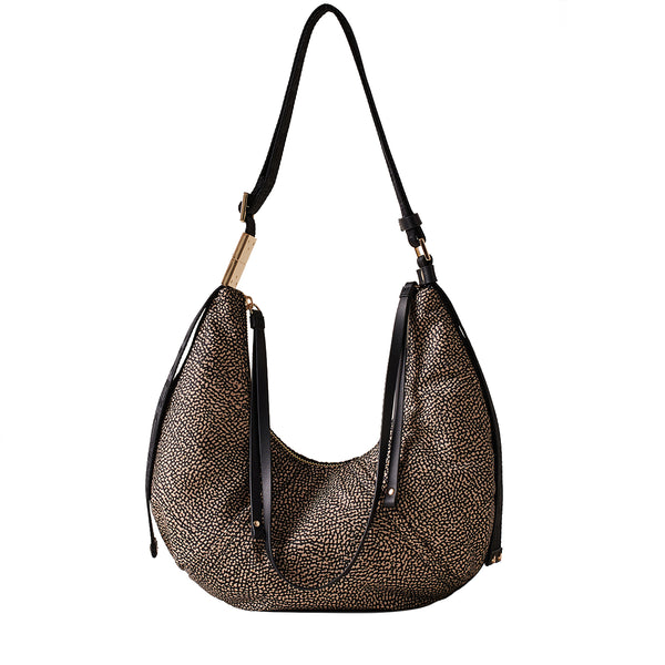 Borbonese - Hobo Bag Fold Small OP Naturale Nero - 933833AH1 - OP/NATURALE/NERO