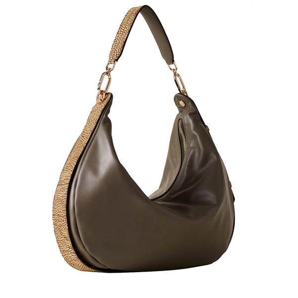 Borbonese - Hobo Bag Oyster Medium Clay Grey OP Naturale - 923738AR1 - CLAY/GREY/OP/NATURALE