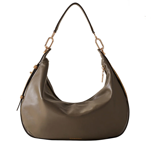 Borbonese - Hobo Bag Oyster Medium Clay Grey OP Naturale - 923738AR1 - CLAY/GREY/OP/NATURALE