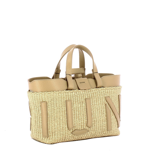Iuntoo - Sibilla Mini Logo Raffia Naturale+Cammello Shopping Bag - 181204 - NATURALE+CAMMELLO/C81