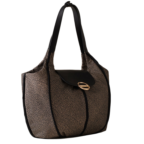 Borbonese - Shopping Cottage Medium OP Naturale Nero - 91010123AJ0 - OP/NATURALE/NERO