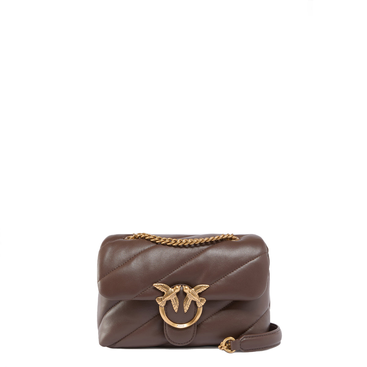 Pinko - Love Puff Maxi Quilt Marrone Castano Antique Gold Mini Crossbody Bag - 100039A0F2 - MARRONE/CASTANO-ANTIQUE/GOLD