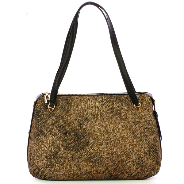 Borbonese - Borsa a spalla Oyster Large in tela rivestita OP Naturale Nero - 923525AZ5 - OP/NATURALE/NERO