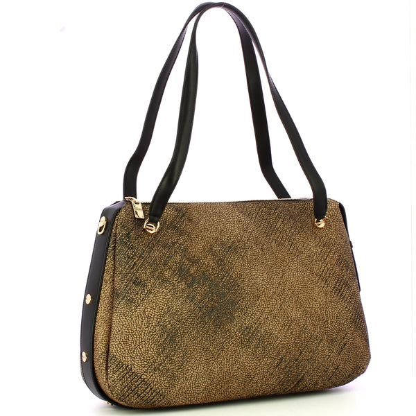 Borbonese - Borsa a spalla Oyster Large in tela rivestita OP Naturale Nero - 923525AZ5 - OP/NATURALE/NERO
