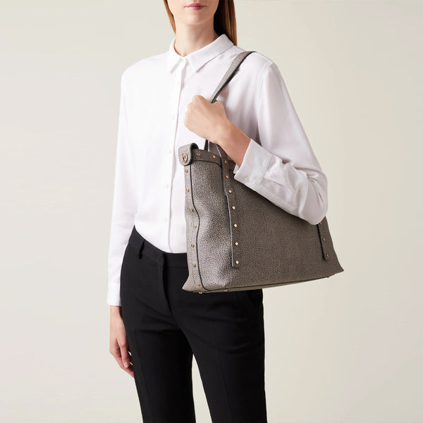 Borbonese - Shopping Metropole Large in tela rivestita Clay Grey - 933256AN0 - CLAY/GREY