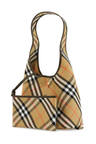 large beige cotton shoulder bag with check pattern and coordinated pouch 8094678 SAND