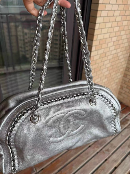 Used Chanel medium bowling bag metallic silver