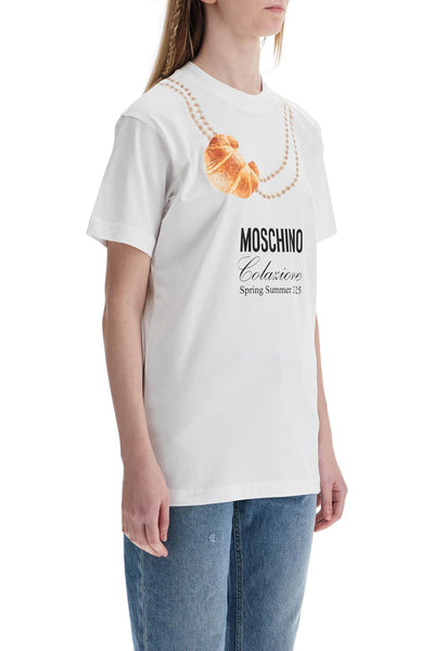 white cotton t-shirt with croissant and pearls print A0703 0541 MULTI WHITE | Italystation.com