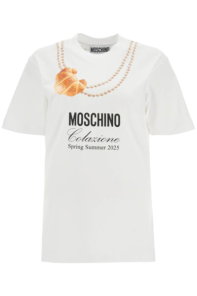 white cotton t-shirt with croissant and pearls print A0703 0541 MULTI WHITE | Italystation.com