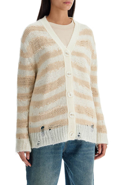 striped distressed cardigan with A60398 OFF WHITE/ECRU