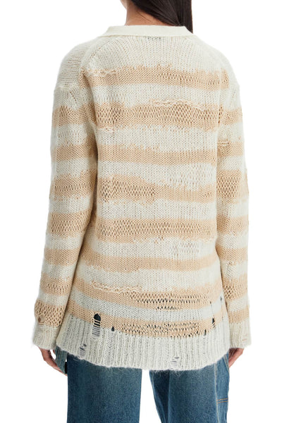 striped distressed cardigan with A60398 OFF WHITE/ECRU