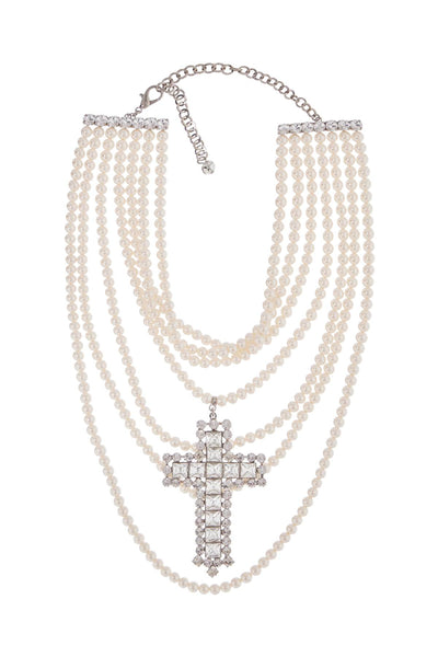 "necklace with pearls and crystal cross FABA3232 J0034 PEARL-GOLD