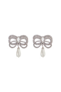 hypoallergenic brass earrings in silver with bow and drop pearl FABA3256 J0034 CRY-SILVER