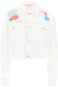 花卉貼片和刺繡短版牛仔夾克 GIJD0236SXUTC341 LILY WHITE