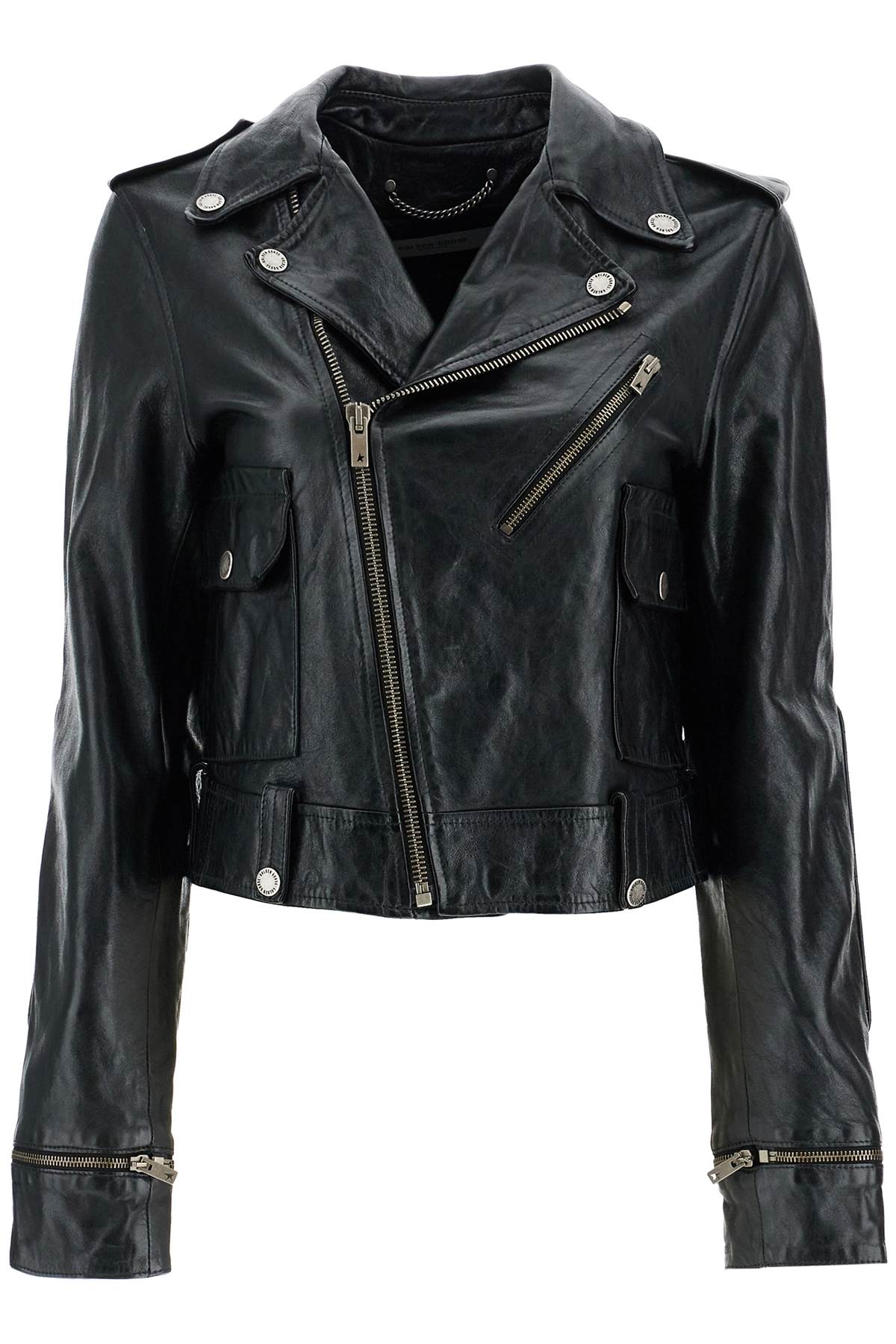 GOLDEN GOOSE shiny black sheepskin biker jacket with stur | Italystation.com - Shop Now at italystation.com