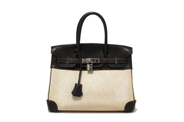 Hermes Brown Togo Leather and Toile Canvas Birkin 30 Bag