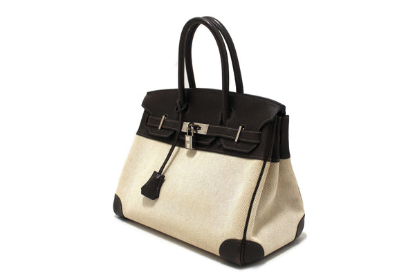 Hermes Brown Togo Leather and Toile Canvas Birkin 30 Bag