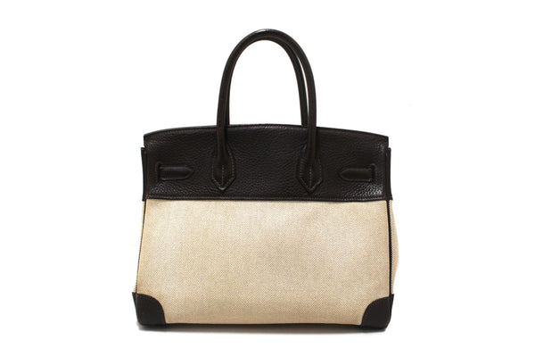 Hermes Brown Togo Leather and Toile Canvas Birkin 30 Bag