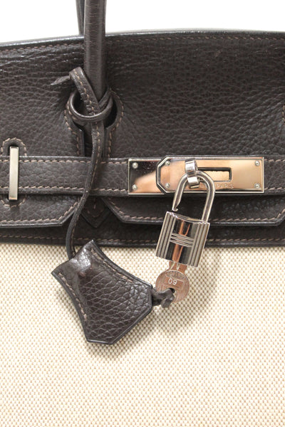 Hermes Brown Togo Leather and Toile Canvas Birkin 30 Bag