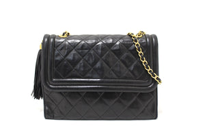 Chanel Vintage Black Quilted Lambskin Leather Tassel Flap Shoulder Bag