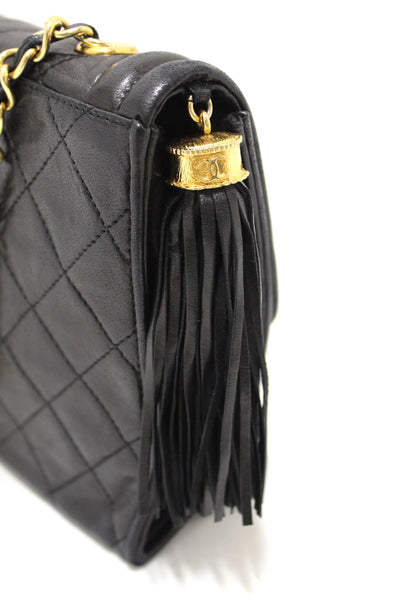 Chanel Vintage Black Quilted Lambskin Leather Tassel Flap Shoulder Bag