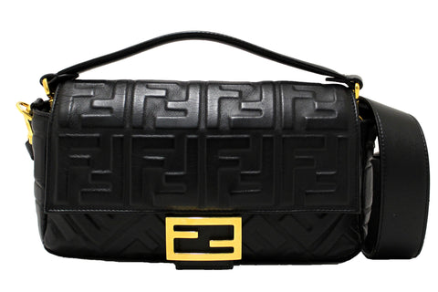 Fendi Black Nappa Leather FF 1974 Embossed Baguette | Italystation.com - Now at italystation.com