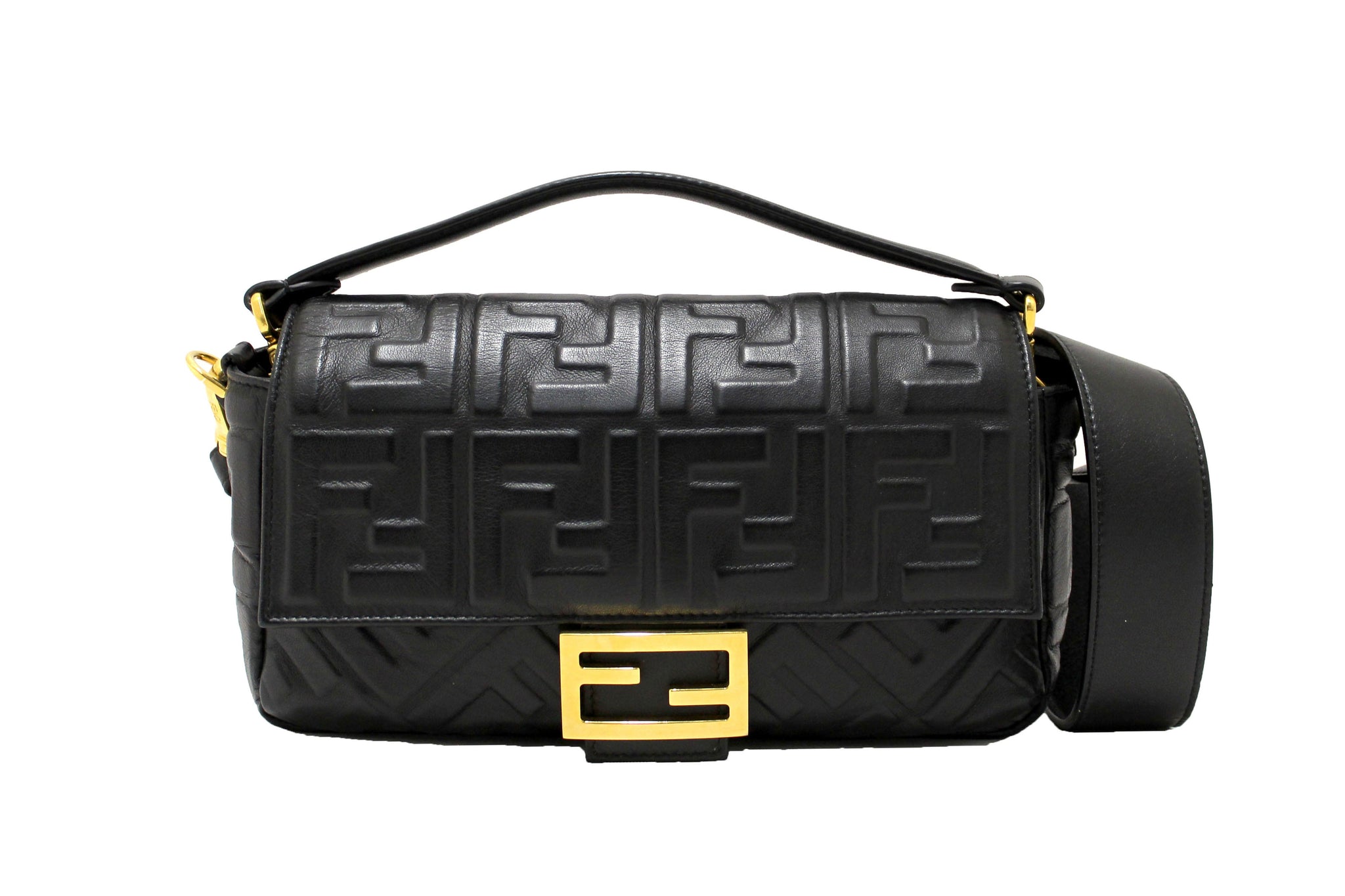 Fendi Black Nappa Leather FF 1974 Embossed Baguette | Italystation.com - Now at italystation.com