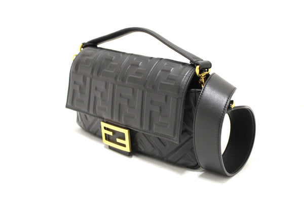 Fendi Black Nappa Leather FF 1974 Embossed Baguette | Italystation.com - Now at italystation.com