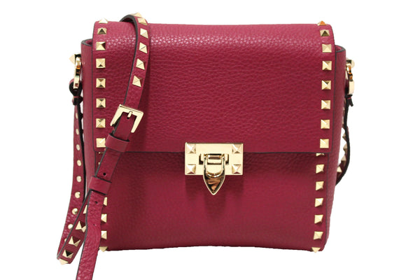 NEW Valentino Garavani Pink Pebbled Calfskin Rockstud Flip Lock Flap Messenger Bag