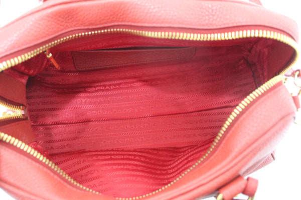 Prada Red Vitello Daino Bauletto Leather Bowling Bag