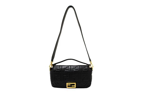 Fendi Black Nappa Leather FF 1974 Embossed Baguette | Italystation.com - Now at italystation.com