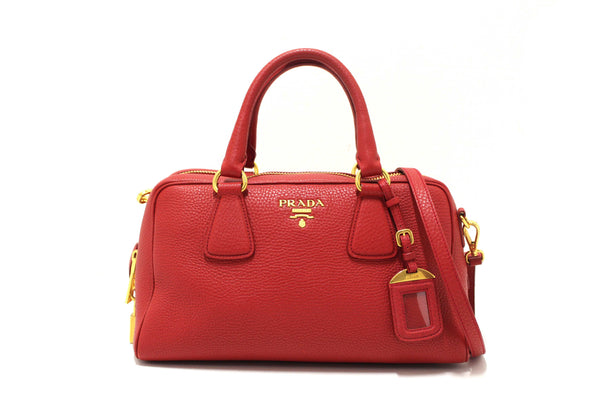 Prada Red Vitello Daino Bauletto Leather Bowling Bag
