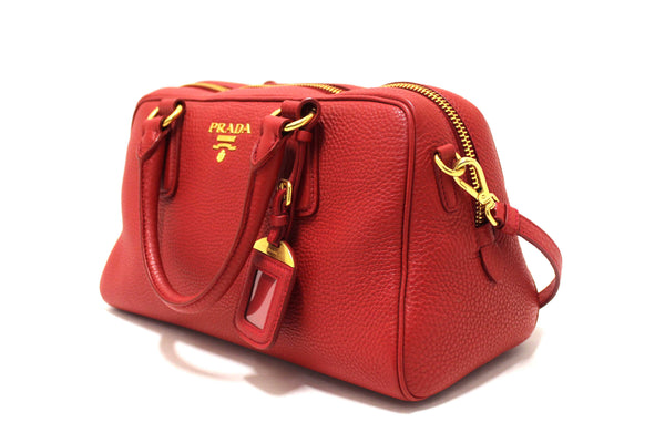 Prada Red Vitello Daino Bauletto Leather Bowling Bag