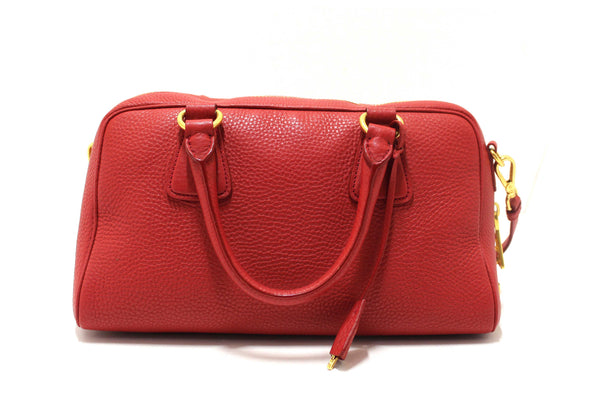 Prada Red Vitello Daino Bauletto Leather Bowling Bag