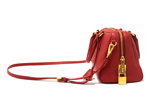 Prada Red Vitello Daino Bauletto Leather Bowling Bag