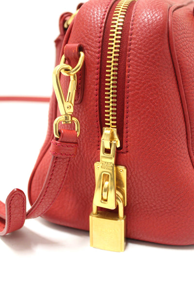 Prada Red Vitello Daino Bauletto Leather Bowling Bag