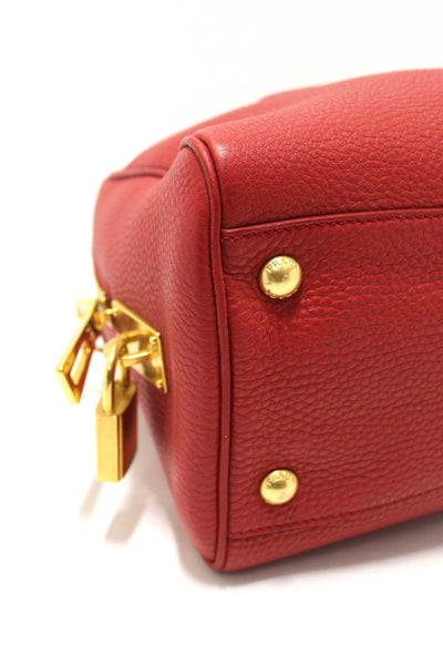 Prada Red Vitello Daino Bauletto Leather Bowling Bag