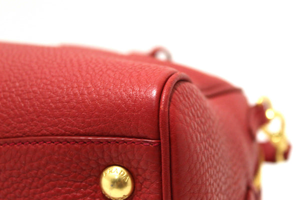 Prada Red Vitello Daino Bauletto Leather Bowling Bag