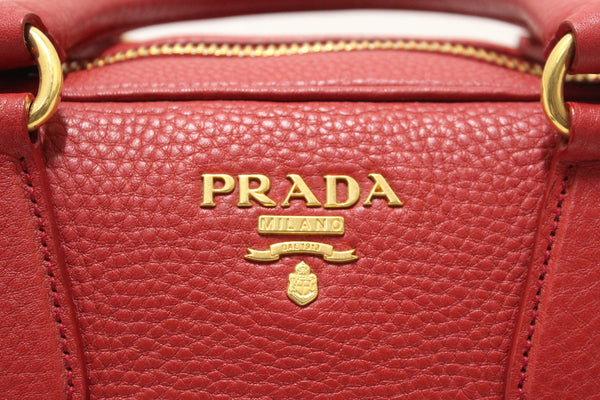 Prada Red Vitello Daino Bauletto Leather Bowling Bag