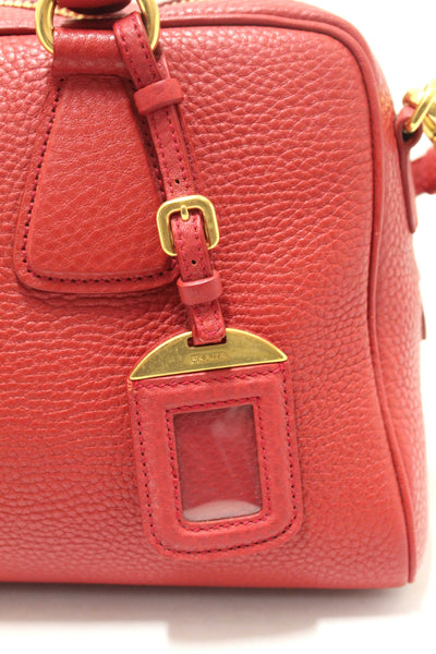 Prada Red Vitello Daino Bauletto Leather Bowling Bag