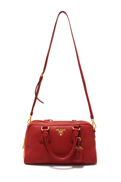 Prada Red Vitello Daino Bauletto Leather Bowling Bag