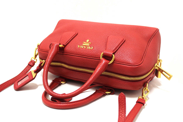 Prada Red Vitello Daino Bauletto Leather Bowling Bag